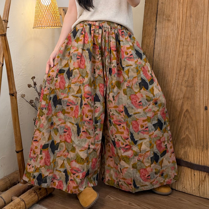 Hualou Produces 2026 Summer New Vintage Artistic Style High-End Large-Size Rain Dew Linen Digital Print Culottes for Women Hualou Produces 2026 Summer New Vintage Artistic Style High-End Large-Size Rain Dew Linen Digital Print Culottes for Women