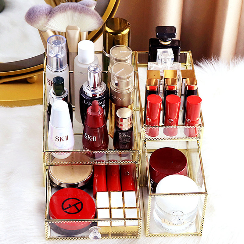 European-style glass cosmetic storage box desktop household copper edge lipstick skin care finishing box transparent beauty brush bucket
