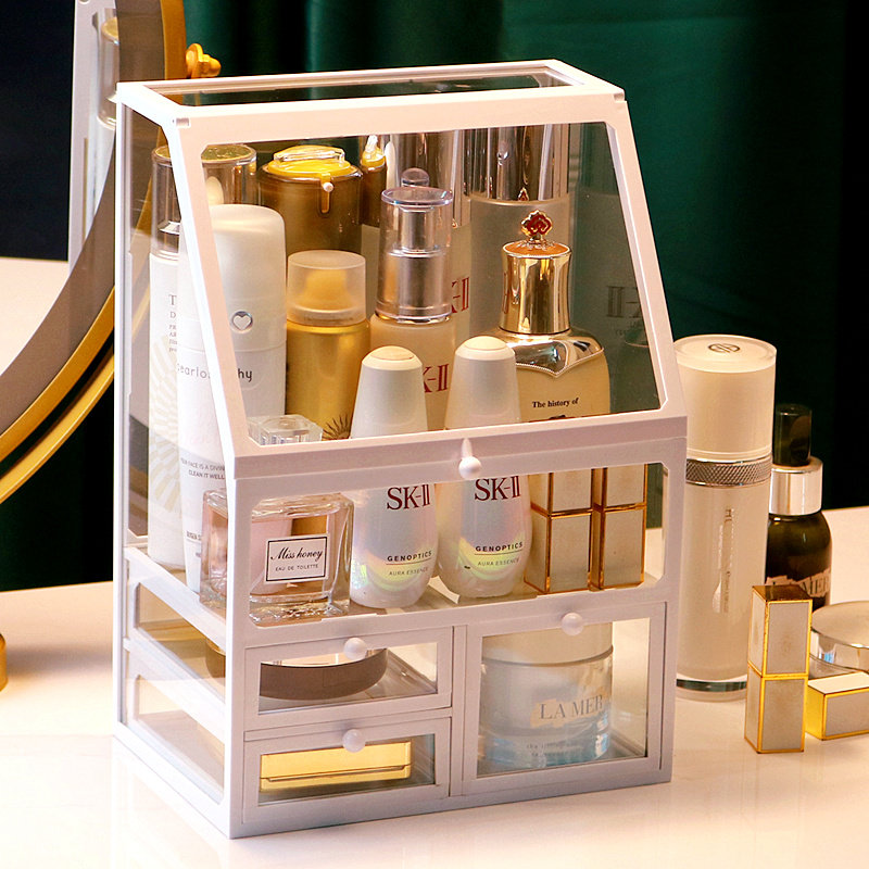 Dressing table glass cosmetic storage box dust belt cover net red with the same lipstick skin care desktop transparent shelf