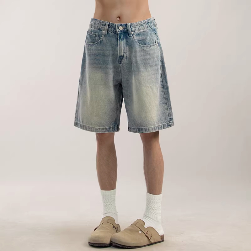 Summer New Washed Denim Shorts Men's Pants American Retro Five-Point Pants Loose Trendy Distressed Five-Point Pants