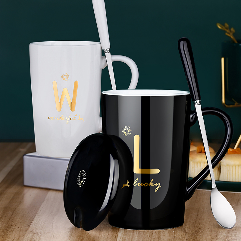 Creative Personality Ceramic Mark Cup With Lid Spoon Drinking Water Cup Large Capacity Tide Lovers Home Milk Coffee Cup