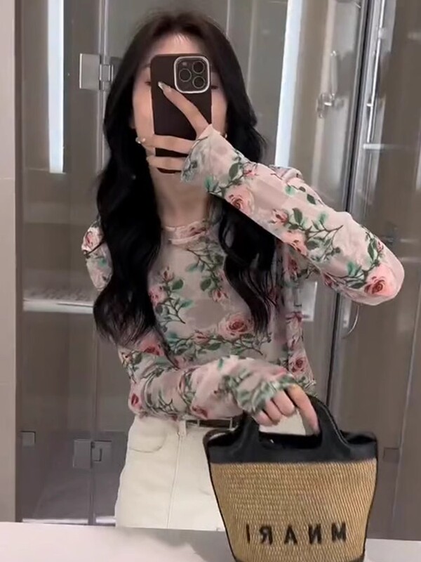 Retro Floral Tie-Dye Mesh Sun Protection Clothing Long-Sleeved T-Shirt Women's Summer Suspender Thin Cut Out Blouse Short Top