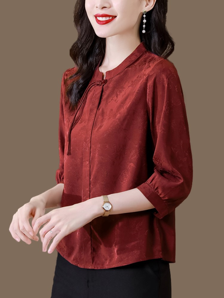 MOM SUMMER DRESS HEAVY SILK SHIRT WOMENS FASHION THREE-QUARTER SLEEVE MIDDLE-AGED AND ELDERLY NOBLE RED MULBERRY SILK TOP