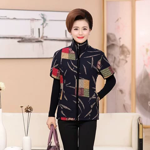 Phụ nữ trung niên và cao tuổi Áo cotton trung tay áo mẹ với áo khoác cotton trung tính Áo ghi lê trung niên nữ nửa tay áo vest - Áo vest