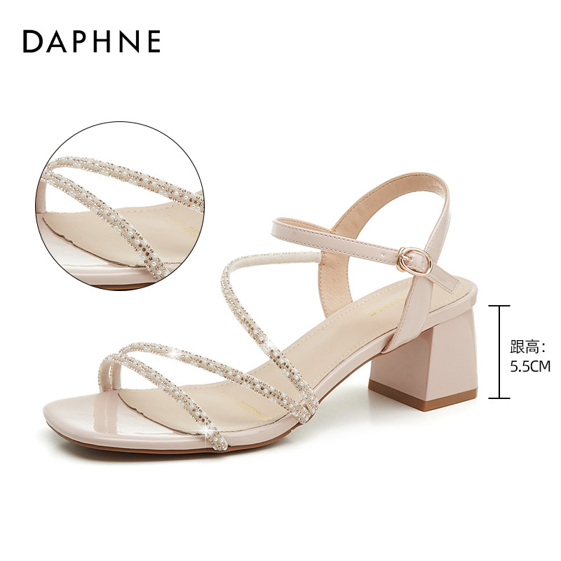 Pink 3223Daphne Rome high-heeled Sandals 2021 new pattern female summer Middle heel Thick heel rhinestone Straight buckle temperament Women's Shoes