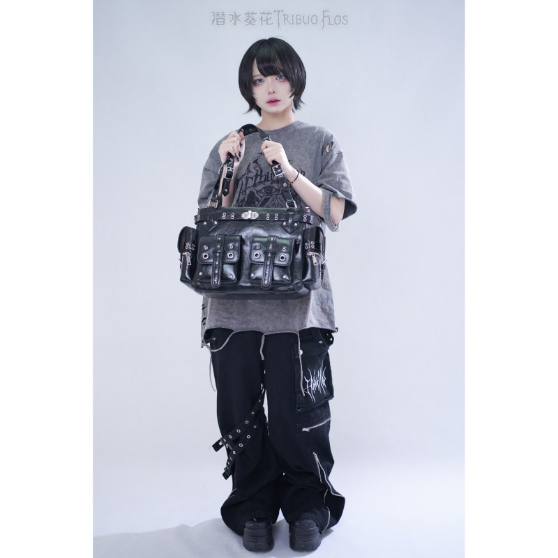 |   2-Way Large Capacity Bag | Multi-Pocket Crossbody Bag, Punk Style, Black, Detachable Shoulder Strap, Multi-Functional Bag