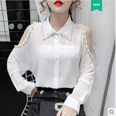 露肩长袖重工钉珠雪纺衬衫女潮