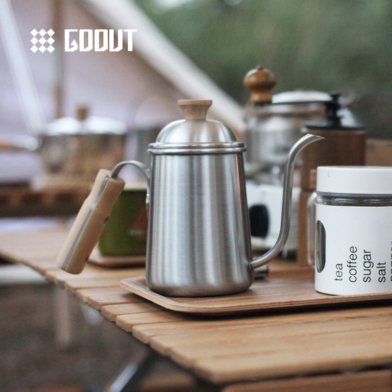 GOOUT outdoor camping picnic hand grinding coffee frosted stainless steel wood handle long mouth bracelet with fine mouth pot 0 7L liters