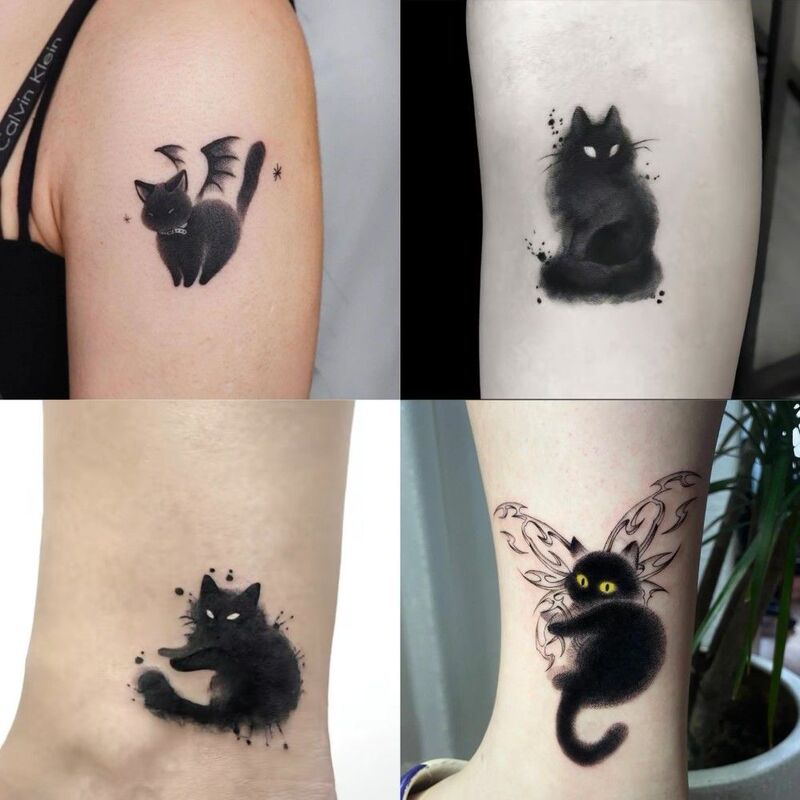 Black Cat, Dark Cat, Dark Wings, Couple, Unique, Cool, Handsome, Non-Permanent Waterproof Arm Wrist Non-Herbal Juice Tattoo