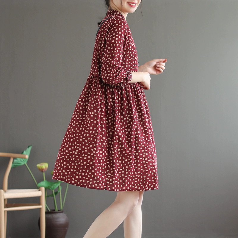 Dale ban đầu văn học cổ điển làn sóng điểm giữa cotton và lanh dài váy nữ ve áo nhỏ ba phần tư tay áo lỏng lẻo tính khí váy - Sản phẩm HOT