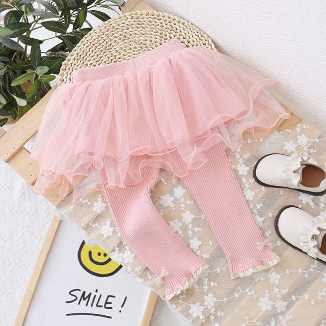 Girls' trousers spring and autumn style foreign style fashion 2023 new mesh baby skirt trousers fake two pieces outerwear leggings tide