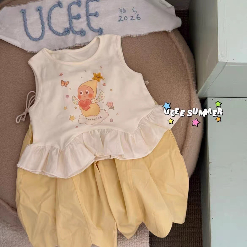 Girls' Cute Style Outfit Summer 2026 New Cartoon Star Character Lace Vest Casual Anti-Mosquito Pants Two-Piece Set