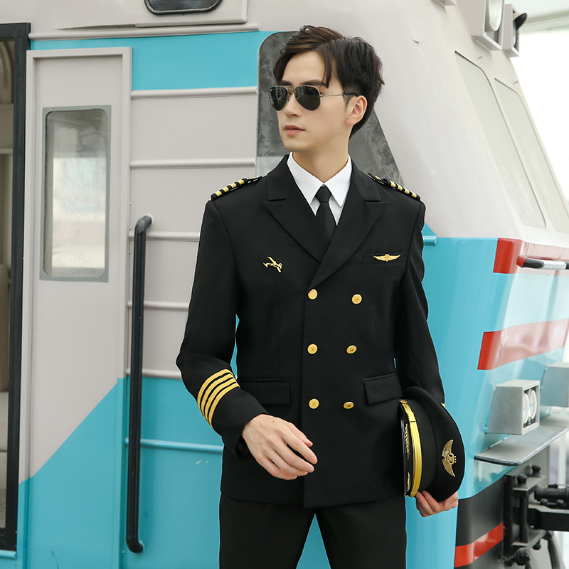 Tooling Uniform Suit Aviation School Men's Black Three-Grain Double-Row Buttoned Suit Is Loading Captain Security Work Suit