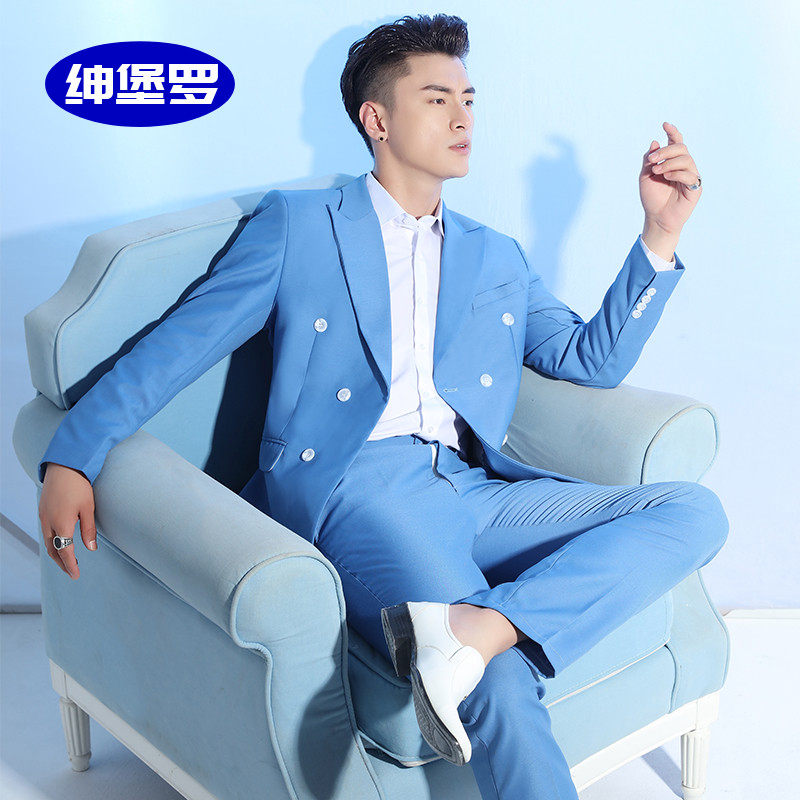 Performance suit suit men's blue double-breasted photo studio photo suit singer wedding dress slim Korean suit