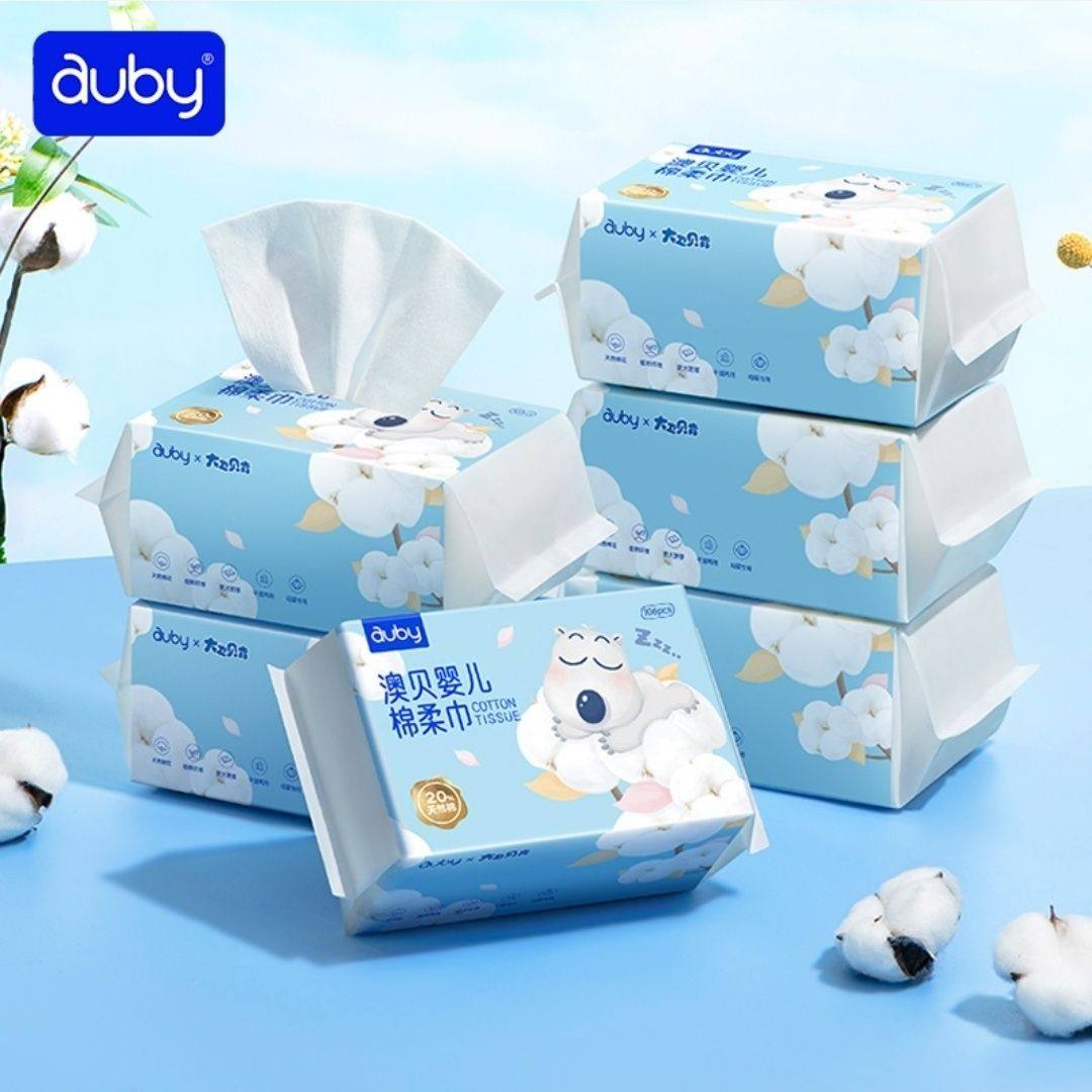 Auby ソフトコットンワイプ、106枚入り、新生児用特別洗浄・ケア用フェイスタオル、乾湿両用、ソフト