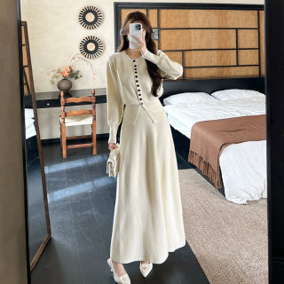 Late autumn, great-looking korean college style high-waisted slim long skirt for women, fashionable thickened round neck long-sleeved knitted dress