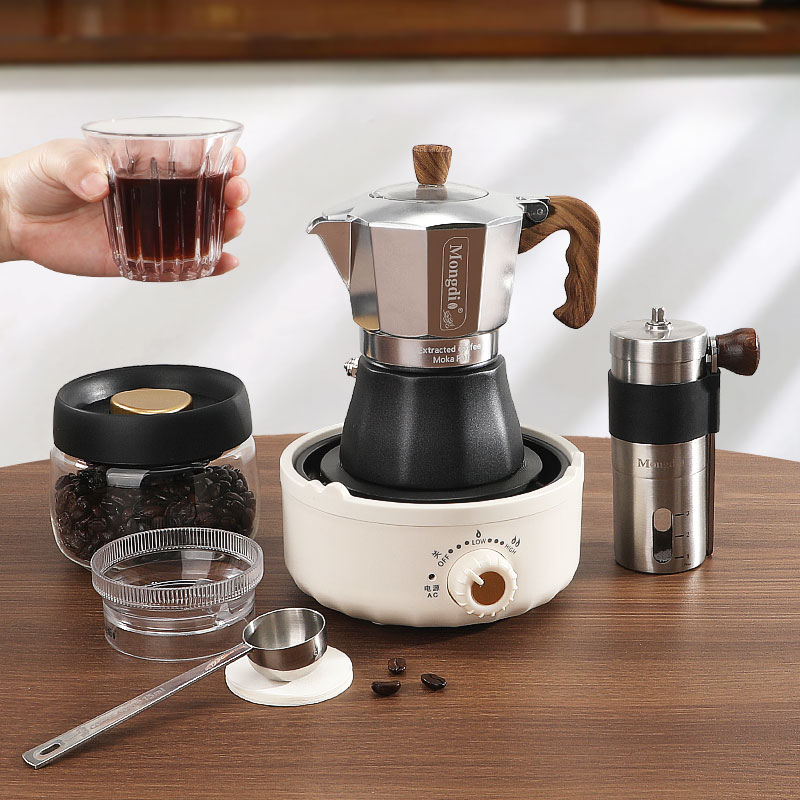 モカポット ダブルバルブ 電気ヒーター コーヒーメーカー エスプレッソポット 濃縮抽出器 アウトドア キャンプ 手回し式 イタリアンコーヒーマシンセット