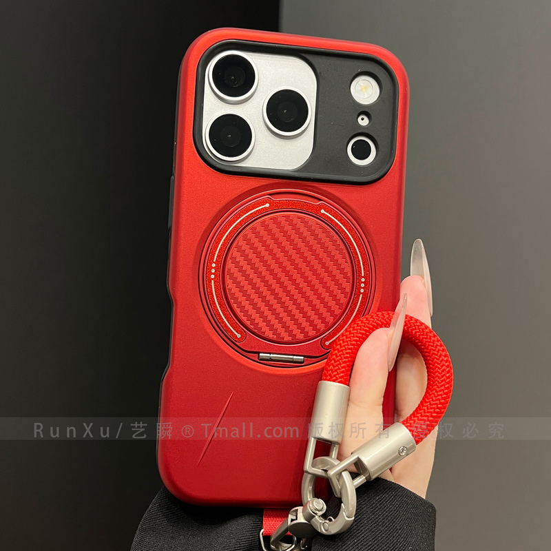ins High-End Dark Red Phone Case Suitable for Apple 17Promax, New Iphone16Pro Magnetic 360-Degree Rotating Stand, 15 Woven Lanyard, 14Pro Skin-Feel, 13 Full-Cover Protective Case