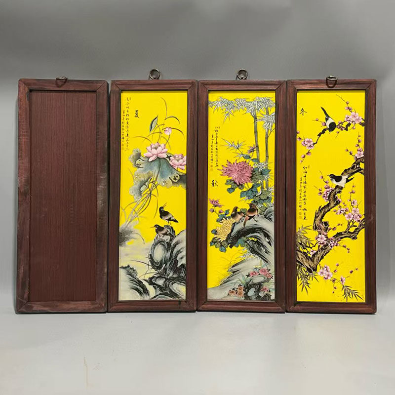 росписи фарфора 古董文玩红木镶瓷板画帝黄釉粉彩花鸟春夏秋冬四条屏中堂挂画