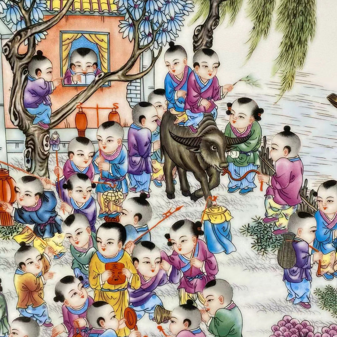 росписи фарфора 古董文玩王大凡作品红木雕回纹花镶瓷板画粉彩人物百子图中堂挂屏