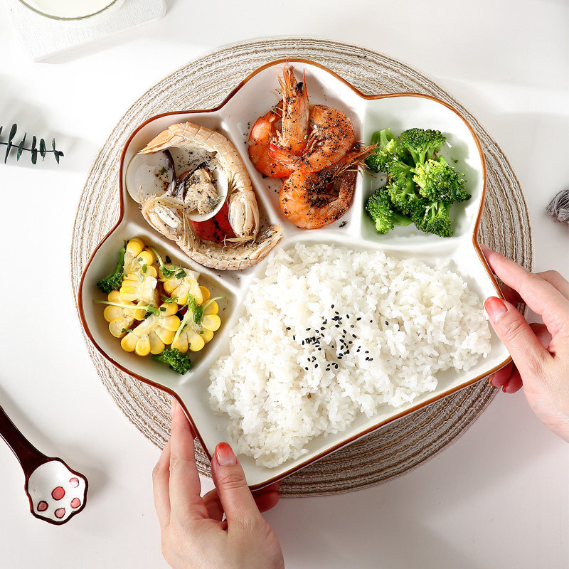 Ceramic rice bowls Home Dinner Trays Creativity Children Cartoon Dishes Plate Spoon Cute separation Compartment Cutlery Single