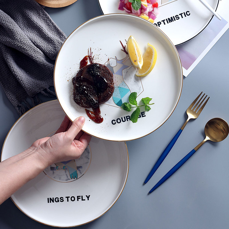 Nordic steak dinner plate plate flat dish plate household creative web celebrity tableware ceramic plate round breakfast tray