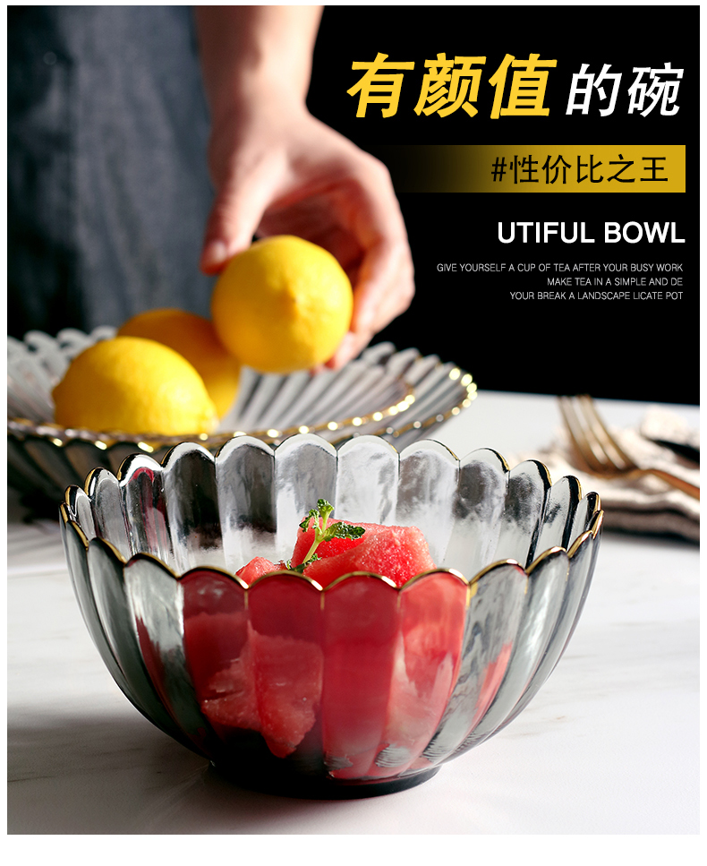 Large transparent heat - resistant glass bowl dish plate household microwave oven salad bowl, dish up and serve a single creative dishes