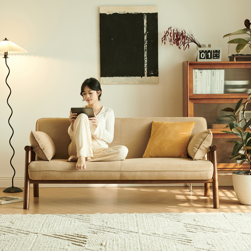 Japanese-Style Solid Wood Double Sofa, Small Apartment Three-Seater Living Room Home Use, Apartment, Homestay, Natural Wood Style Fabric Small Sofa