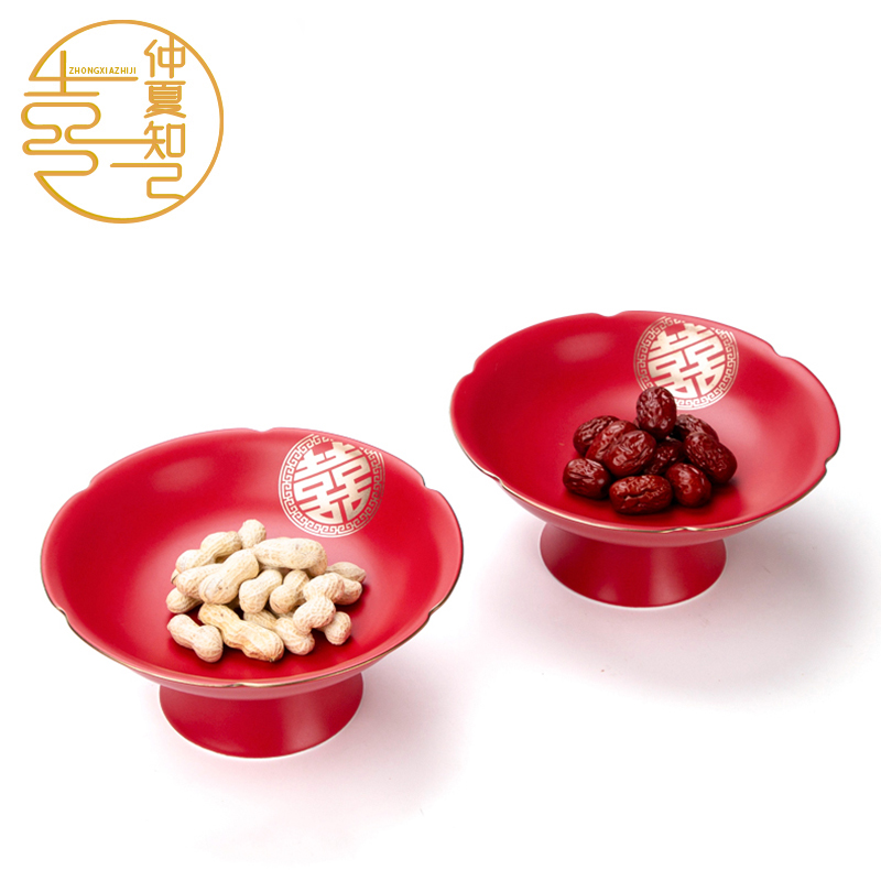 Hanhong gold Wedding Fruit Disk Chinese ceramic high-foot disc red snack dish snack dish wedding products