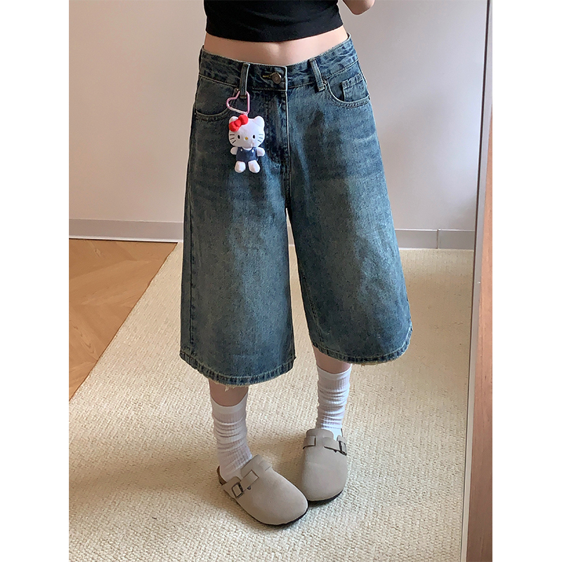 Parents Don'T Scold~ Retro Low-Waisted Denim Shorts for Women, Summer, Covering the Body, Five-Point Pants, Mid-Length Pants, Seven-Point Loose Versatile Pants