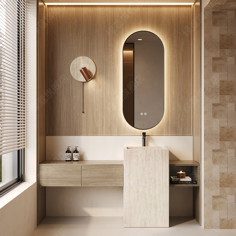 Slate Travertine Pedestal Basin Solid Wood Storage Drawer Bathroom Cabinet Combination Floor-Standing Washbasin Vanity Slate Travertine Pedestal Basin Solid Wood Storage Drawer Bathroom Cabinet Combination Floor-Standing Washbasin Vanity