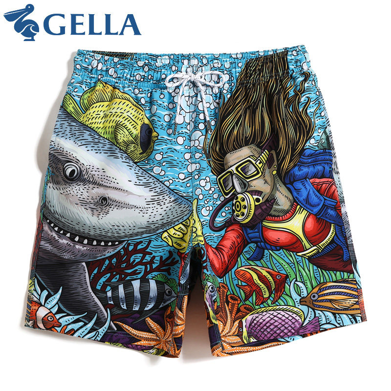 GELLA beach pants men's quick-drying seaside vacation loose five-point fashion printing with lining can be submerged swimming trunks summer