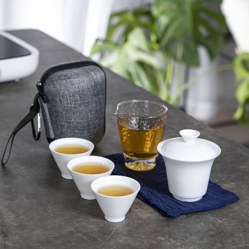 White porcelain fast cup travel tea set portable one pot two cups of ceramic cover bowl heat-resistant glass tea sea