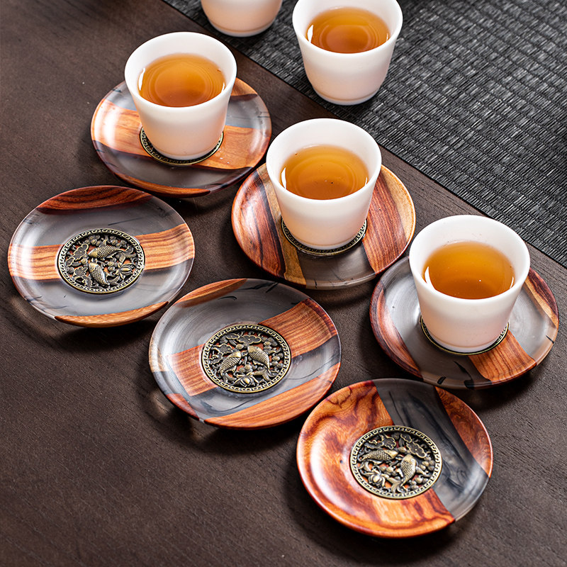 Cup cushion solid wood tea cushion creative pine wood resin water ink imprint cup trust heat-proof and burn-proof Gongfu tea-set accessories