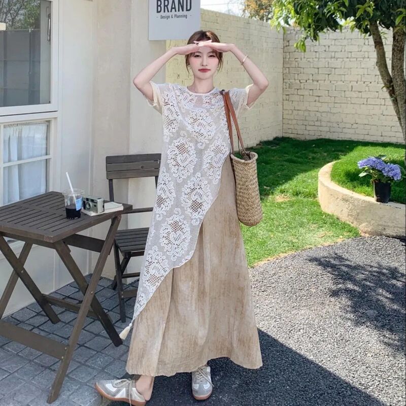 Lace Blouse + Suspender Skirt Set, Fashionable Summer Outfit for Women, French Style, ins Vibe, Two-Piece Set