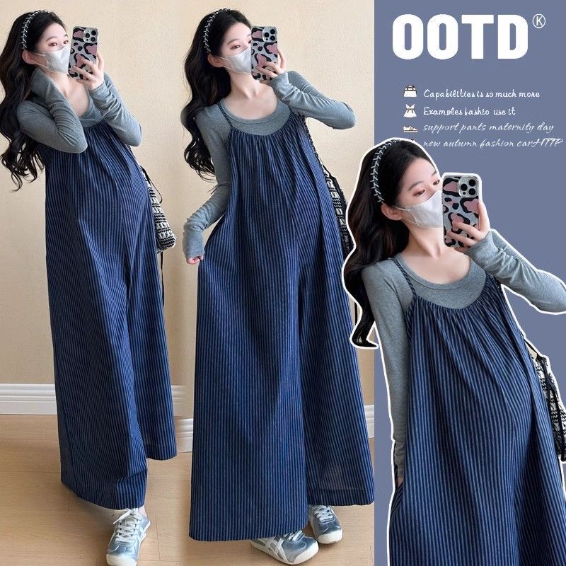 Spring and Summer New Korean Style Maternity Retro Striped Overalls Fashionable Suspender Jumpsuit Loose Casual Wide-Leg Pants
