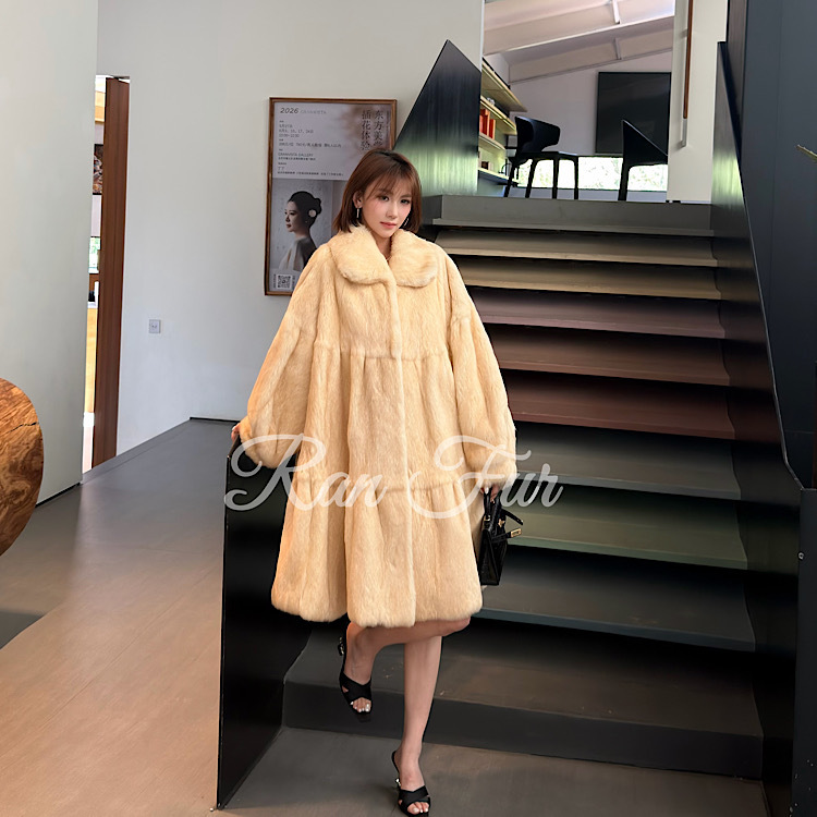2026 Autumn/Winter New Angora Long-Haired Rabbit Fur Runaway Princess Mid-Length Oversized Skirt Fur Coat for Women