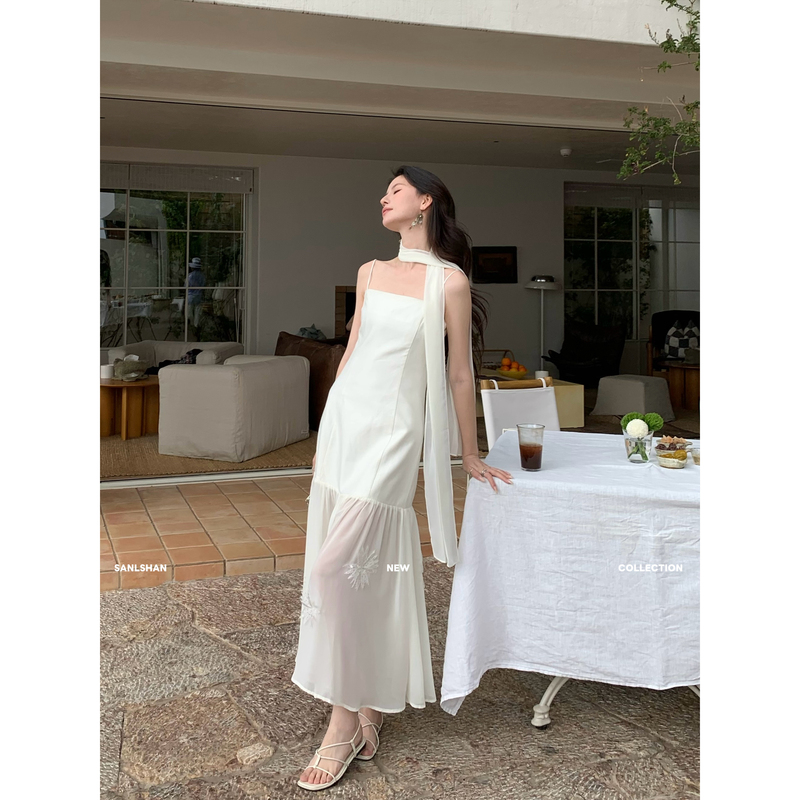 Sanlshan_ Spring and Summer New Style Holiday-Style Long Dress, Elegant Patchwork Suspender Fairy Dress, Embroidered Dress