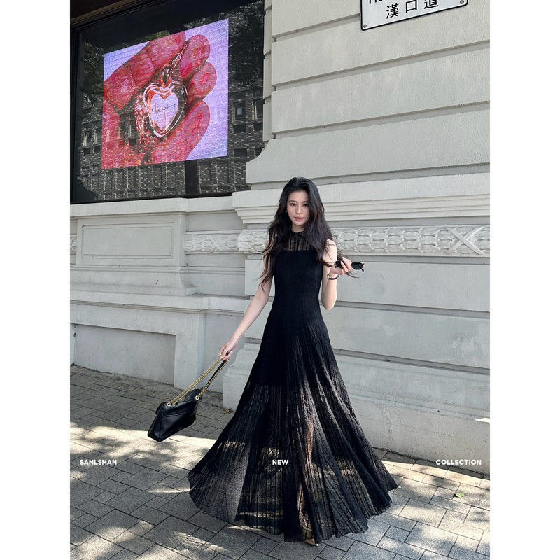 Sanlshan_ Spring and Summer French-Style High-End Lace Sleeveless Two-Piece Dress Black Slim-Fit Waist-Cinching Long Dress