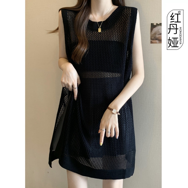 Black Sun Protection Mesh Hollow-Out Blouse, Thin Ice Silk Belly-Covering Mid-Length Mesh Top for Women, Popular Summer Style
