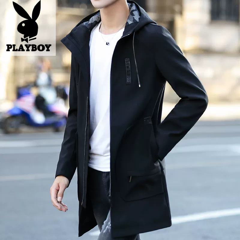 Áo khoác nam Playboy mùa xuân, mùa thu và mùa đông áo gió dài cộng với nhung đẹp trai áo khoác nam xu hướng - Áo gió thể thao