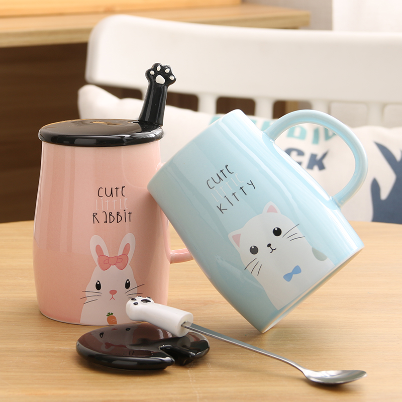 Creative ceramic mug cute cartoon couple water cup breakfast cup milk coffee cereal cup with lid spoon