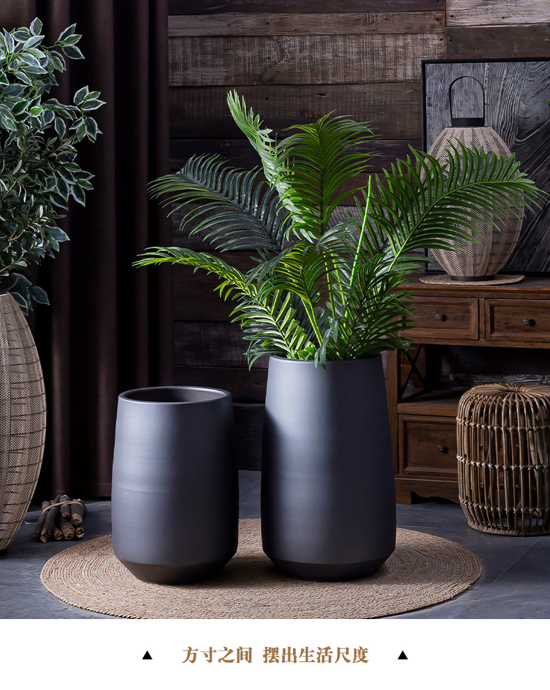 Nordic ceramic grinding large black flower POTS, large diameter matte enrolled green plant floor interior courtyard contracted round flower pot