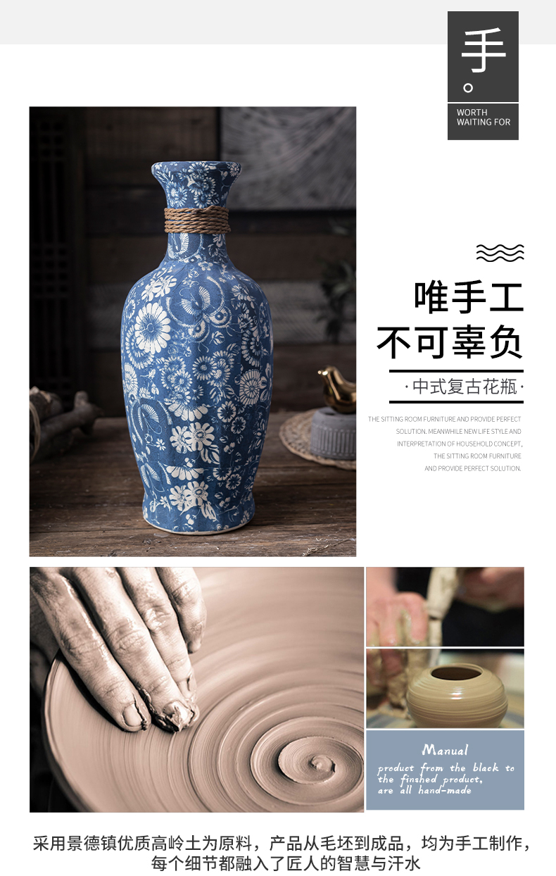 Creative dried flowers of jingdezhen blue and white vase continental Chinese style flower exchanger with the ceramics Taiwan crispy noodles flower arranging art restoring ancient ways furnishing articles