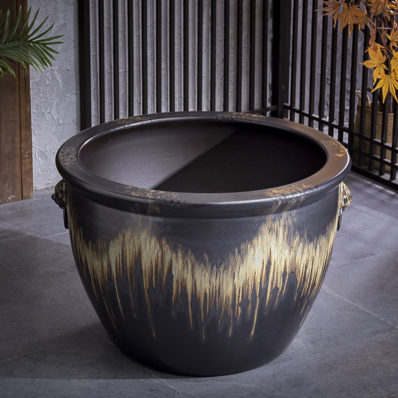 Old archaize ceramic extra large cylinder aquarium coarse pottery water lily flower bed hotel garden flowerpot retro big basin to plant trees