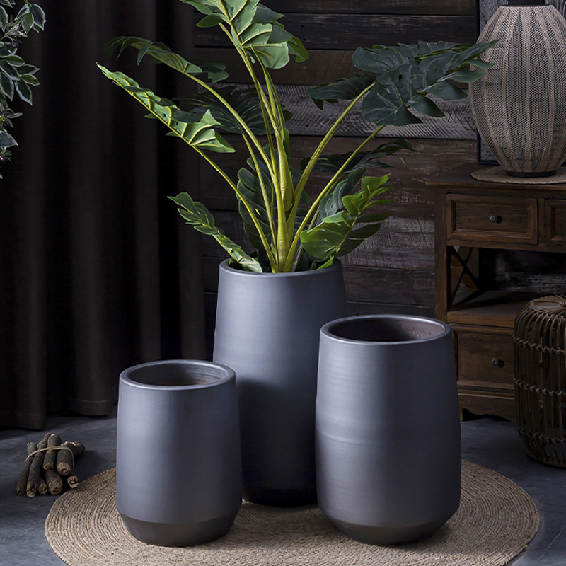 Nordic ceramic grinding large black flower POTS, large diameter matte enrolled green plant floor interior courtyard contracted round flower pot