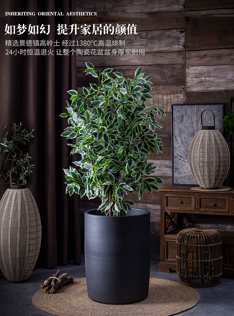 Green plant in northern black ceramic vase flowerpot I and contracted indoor plant decoration cylinder hydroponic POTS of large diameter