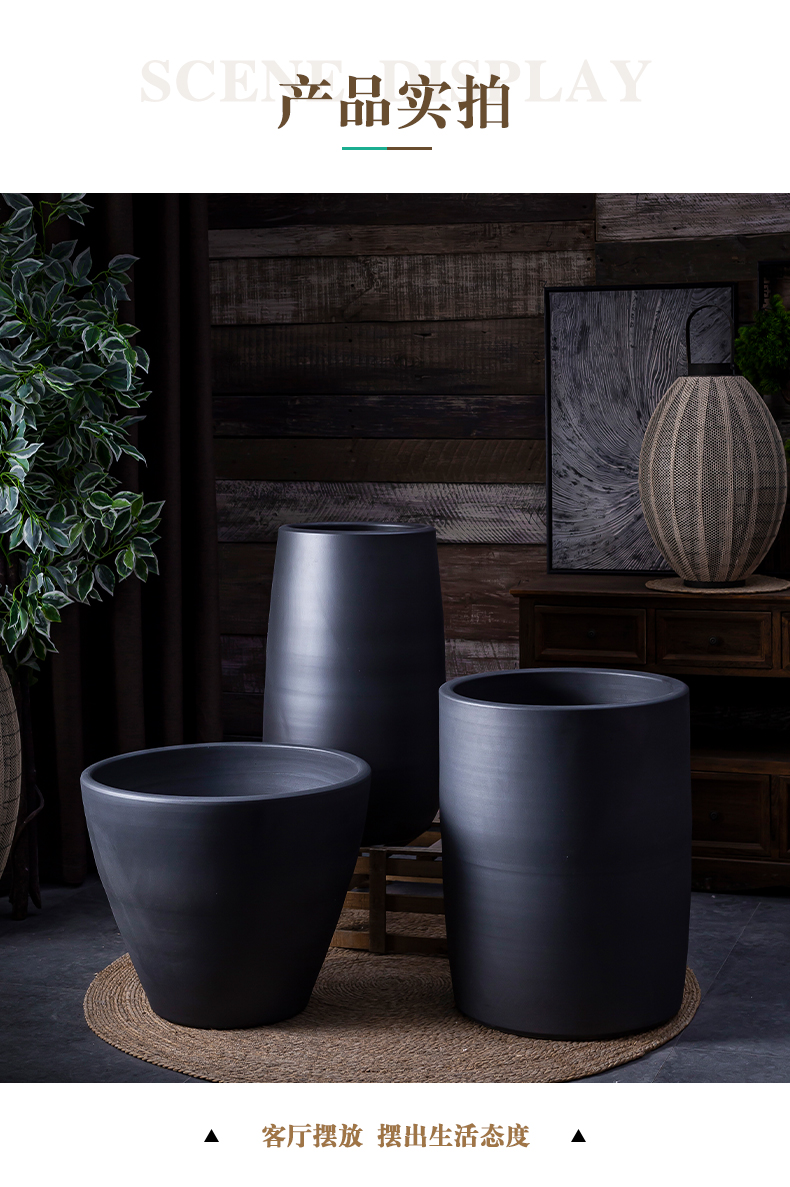 Green plant in northern black ceramic vase flowerpot I and contracted indoor plant decoration cylinder hydroponic POTS of large diameter