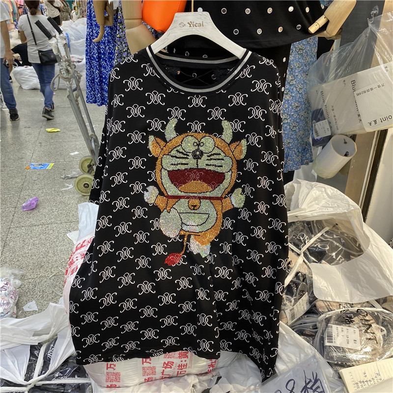Black Jingle CatEuropean station Short sleeve 2021 new pattern Big edition easy heavy industry Hot drilling Sense of design T-shirt female summer European goods tide Body