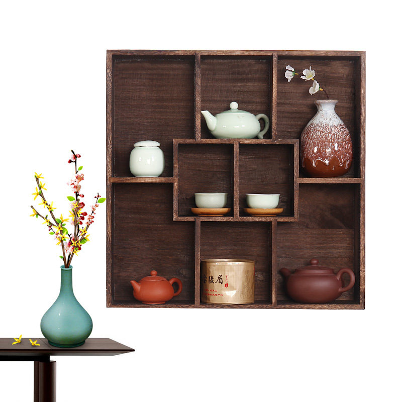 Solid Wood Hanging Wall Bogu Shelf Shelving Tea Cup Shelf Tea Set Teapot teapot containing shelf Doloft lattice pendulum holder